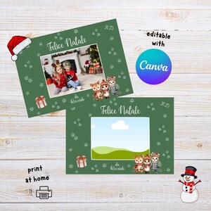 May include: Two green Christmas photo frames with the text "Felice Natale" and "2025". One frame has a photo of children, the other has a landscape. Includes a Santa hat, gift, and snowman illustrations. The text "editable with Canva" is also present.