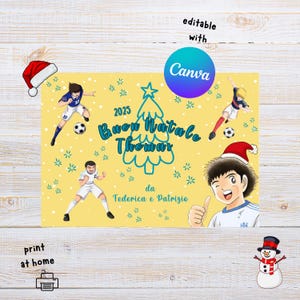 May include: A yellow Christmas card with soccer-themed illustrations and the text "Buon Natale Thomas" in teal. The card features cartoon soccer players, snowflakes, and a Christmas tree design. The text "2025" is also visible.