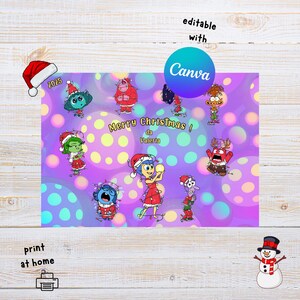 Può includere: Un biglietto di auguri natalizio con personaggi dei cartoni animati con cappelli di Babbo Natale e luci fatate. Il biglietto riporta la scritta "Merry Christmas!" e "da Valeria" su uno sfondo viola con pois colorati. Sono presenti anche un pupazzo di neve e un cappello di Babbo Natale.