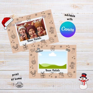 May include: Two beige Christmas photo frames with decorative doodles and the text "Buon Natale". One frame has a photo of three children, the other has a landscape. The words "editable with Canva" are also visible.