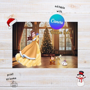 Può includere: Biglietto di Natale digitale con Belle de La Bella e la Bestia in abito giallo, con un regalo. Lo sfondo include un albero di Natale e il testo "Buone feste!". Sono presenti anche un cappello di Babbo Natale e un pupazzo di neve.