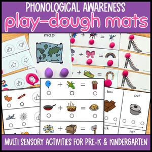 May include: Educational play-dough mats for pre-K and kindergarten. The mats feature colorful illustrations and text for phonological awareness activities. Includes images of maps, bows, shoes, and more. The text at the top reads "PHONOLOGICAL AWARENESS play-dough mats."