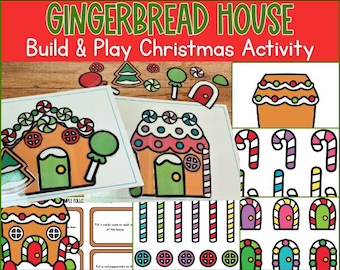 May include: A Christmas activity set featuring a gingerbread house theme. The set includes illustrated gingerbread house cutouts, candy canes, and other decorative elements. The text "GINGERBREAD HOUSE Build & Play Christmas Activity" is displayed at the top.