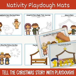 Könnte beinhalten: Ein Set farbenfroher Nativity Playdough Mats mit Illustrationen der Weihnachtsgeschichte. Die Matten zeigen Szenen wie die Hirten, die Weisen und die Geburt Jesu. Auf den Matten steht "Nativity Playdough Mats" und "Tell the Christmas Story with Playdough!"