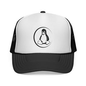 May include: A black and white trucker hat with a black brim and mesh back. The front panel is white with a black and white penguin graphic inside a circle. The hat has a curved brim and a snap closure.