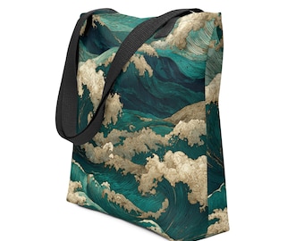 Ocean Waves Tote Bag | Japanese Wave Inspired Art Tote | Coastal Aesthetic Shoulder Bag