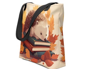 Hedgehog Book Tote Bag – Cozy Autumn Woodland Art