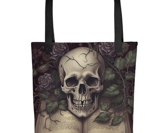 Gothic Skull Tote Bag: Dark Academia Book & Rose Design