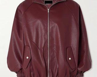 Burgundy Leather Bomber Jacket – Classic Zip-Up with Snap