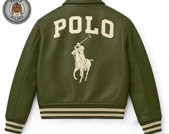 Polo Army green Leather Bomber Jacket, Embroidered Logo, Genuine Cowsoft