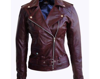 Women’s Maroon Leather Biker Jacket – Slim Fit Handmade Moto Coat