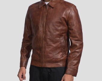 Brown Leather Cafe Racer Jacket: Slim Fit Moto Style