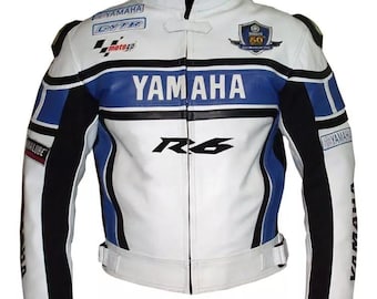 Chaqueta de cuero azul y blanca para carreras / Equipación de motociclista de MotoGP / Conjunto deportivo para motociclista