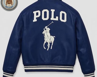 Polo blue Leather Bomber Jacket, Embroidered Logo, Genuine Cowsoft
