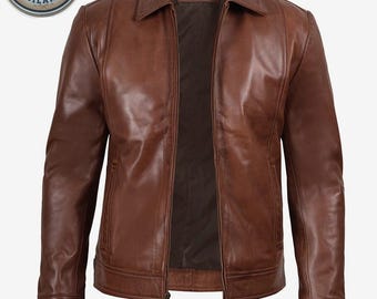 Men’s Luxury Brown Leather Jacket – Classic Italian Style Genuine Leather Coat for Timeless Fashion