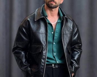 Men’s Black Leather Jacket Classic Bomber Style Genuine Leather Casual Winter Fashion