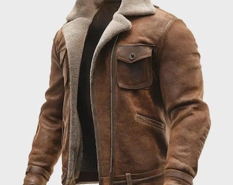 Men’s Vintage Brown Shearling Leather Jacket – Winter Fur Lined Aviator Coat, Classic Warm Biker Jacket
