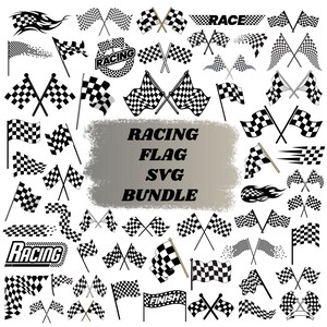 May include: A collection of black and white checkered racing flags in various designs. Some flags are crossed, waving, or in motion. The text "RACING FLAG SVG BUNDLE" is displayed in the center of the image.