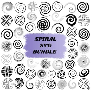 May include: A collection of black and white spiral designs in various styles. The image features a variety of spiral shapes, including solid, dotted, and outlined versions. Text on a purple background reads "SPIRAL SVG BUNDLE."