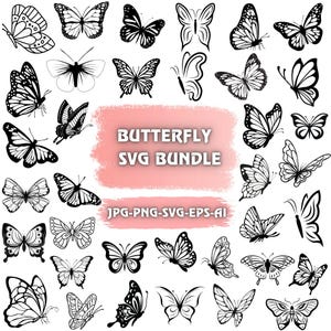 Op de afbeelding: Een verzameling zwart-witte vlinderontwerpen in verschillende stijlen. De afbeelding bevat de tekst "BUTTERFLY SVG BUNDLE" en bestandsinfo. Deze ontwerpen zijn geschikt voor knutsel- en digitale kunstprojecten.