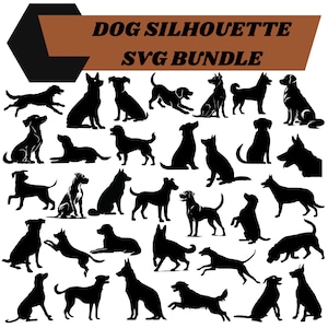 Op de afbeelding: Een verzameling zwarte hondensilhouetten in verschillende poses, waaronder zitten, staan en rennen. De zin "DOG SILHOUETTE SVG BUNDLE" staat in een bruine banner bovenaan de afbeelding. De honden staan tegen een witte achtergrond.