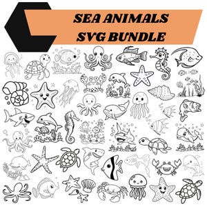 May include: A digital collection of black and white line art illustrations featuring various sea animals including sharks, turtles, octopuses, starfish, seahorses, crabs, and jellyfish, with the text SEA ANIMALS SVG BUNDLE at the top.