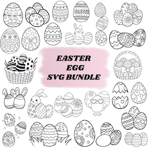 May include: Black and white Easter-themed SVG bundle featuring various decorated eggs, Easter bunnies, and baskets. The text "EASTER EGG SVG BUNDLE" is displayed on a pink background.