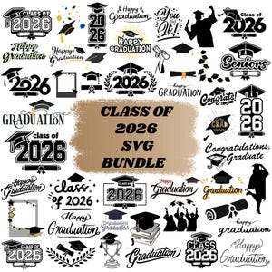May include: A selection of graduation-themed SVG designs in black and gold. The designs feature graduation caps, scrolls, the year 2026, and phrases such as "Happy Graduation" and "Congratulations, Graduate."