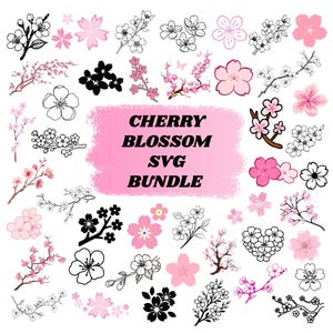 May include: A collection of cherry blossom SVG designs in various styles. The image features pink and black floral illustrations, including individual blossoms and branches, with the text "CHERRY BLOSSOM SVG BUNDLE" on a pink background.