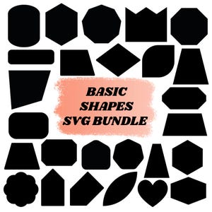 Könnte beinhalten: Eine Sammlung schwarzer Grundformen in verschiedenen geometrischen Formen, darunter Rechtecke, Sechsecke und ein Herz. Die Formen sind auf weißem Hintergrund angeordnet. Der Text "BASIC SHAPES SVG BUNDLE" ist mittig platziert.