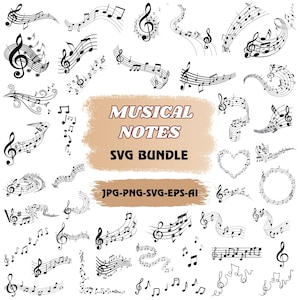 May include: A collection of black musical notes and symbols, including treble clefs, eighth notes, and curved staffs. The words "MUSICAL NOTES SVG BUNDLE" are displayed in a brown rectangle, with file type information below.