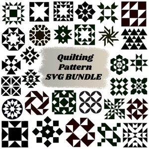 May include: A collection of black and white quilting patterns in various geometric shapes. The image includes the text "Quilting Pattern SVG BUNDLE" in a stylized font, suggesting a digital product for crafting.