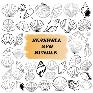 May include: Black and white line art illustrations of various seashells, including conch shells, scallops, and spiral shells. The text "SEASHELL SVG BUNDLE" is displayed on a yellow background.