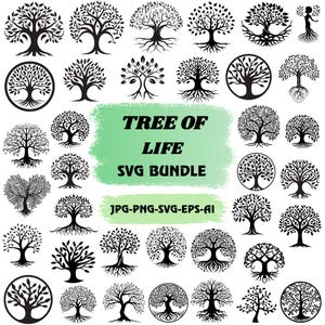 May include: A collection of black and white tree of life designs in various styles. The image includes multiple tree illustrations, some within circles, with the text "TREE OF LIFE SVG BUNDLE" and file type information.