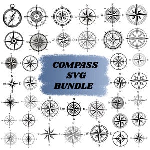 May include: A selection of black and white compass designs in diverse styles. The image features compass rose illustrations with directional indicators such as North, South, East, and West. The central text reads "COMPASS SVG BUNDLE".