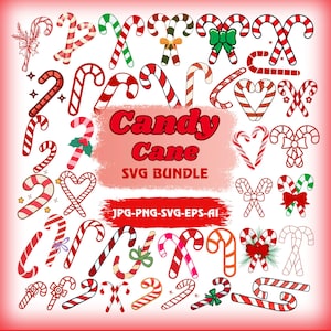 Puede incluir: Una colección de diseños de bastones de caramelo en varios estilos, incluyendo rayas rojas y blancas, lazos verdes y formas de corazón. El texto "Candy Cane SVG Bundle" se muestra en rojo. También se incluye información sobre tipos de archivos.
