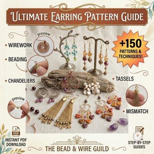 May include: Ultimate Earring Pattern Guide by The Bead & Wire Guild featuring +150 patterns and techniques. The image displays various handmade earrings including wirework, beaded, chandelier, tassel, and heart-shaped designs on a display.