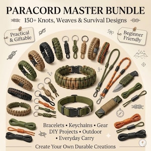 May include: A collection of paracord items, including bracelets, keychains, and gear. The image features various colors and designs, with text that reads "PARACORD MASTER BUNDLE" and "150+ Knots, Weaves & Survival Designs". The items are labeled as "Practical & Giftable" and "Beginner Friendly".