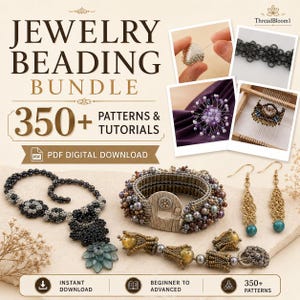 May include: A jewelry beading bundle featuring 350+ patterns and tutorials as a PDF digital download. The image displays a black beaded necklace, a textured beaded cuff bracelet, and gold-toned earrings with teal beads, alongside smaller inset photos.