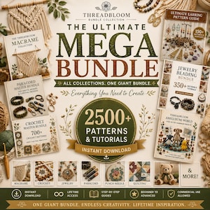 May include: A digital product collection titled Threadbloom Mega Bundle featuring 2500+ patterns and tutorials for macrame, jewelry beading, crochet, paracord, amigurumi, and quilting. The image displays various craft project covers and text.