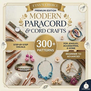 Peut inclure: Une couverture de livre numérique intitulée Modern Paracord & Cord Crafts présentant plus de 300 modèles pour bijoux, accessoires et décoration intérieure. L'image montre divers bracelets, colliers, boucles d'oreilles, outils et fleurs.