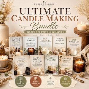 Op de afbeelding: Een digitaal pakket met negen instructiegidsen voor het maken van kaarsen en zeep. De collectie bevat titels zoals Candle Making Basics, Soy Candles en Homemade Soaps Recipes. De afbeelding bevat de tekst Ultimate Candle Making Bundle.