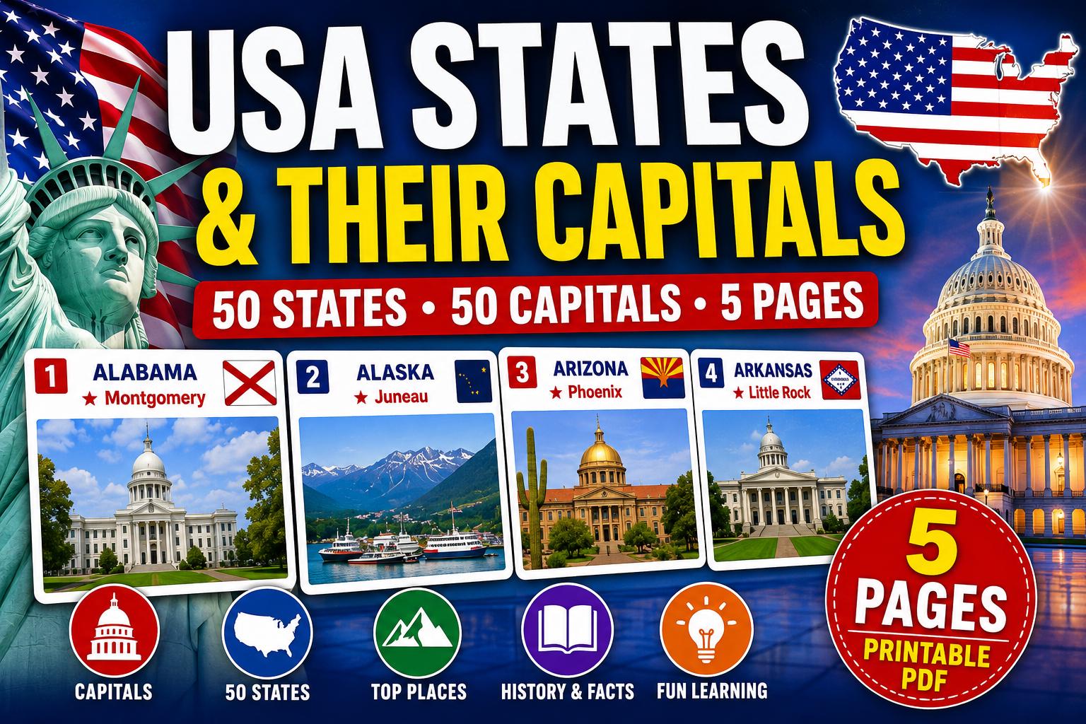 USA States & Capitals Flashcards Printable PDF | 50 States Learning ...