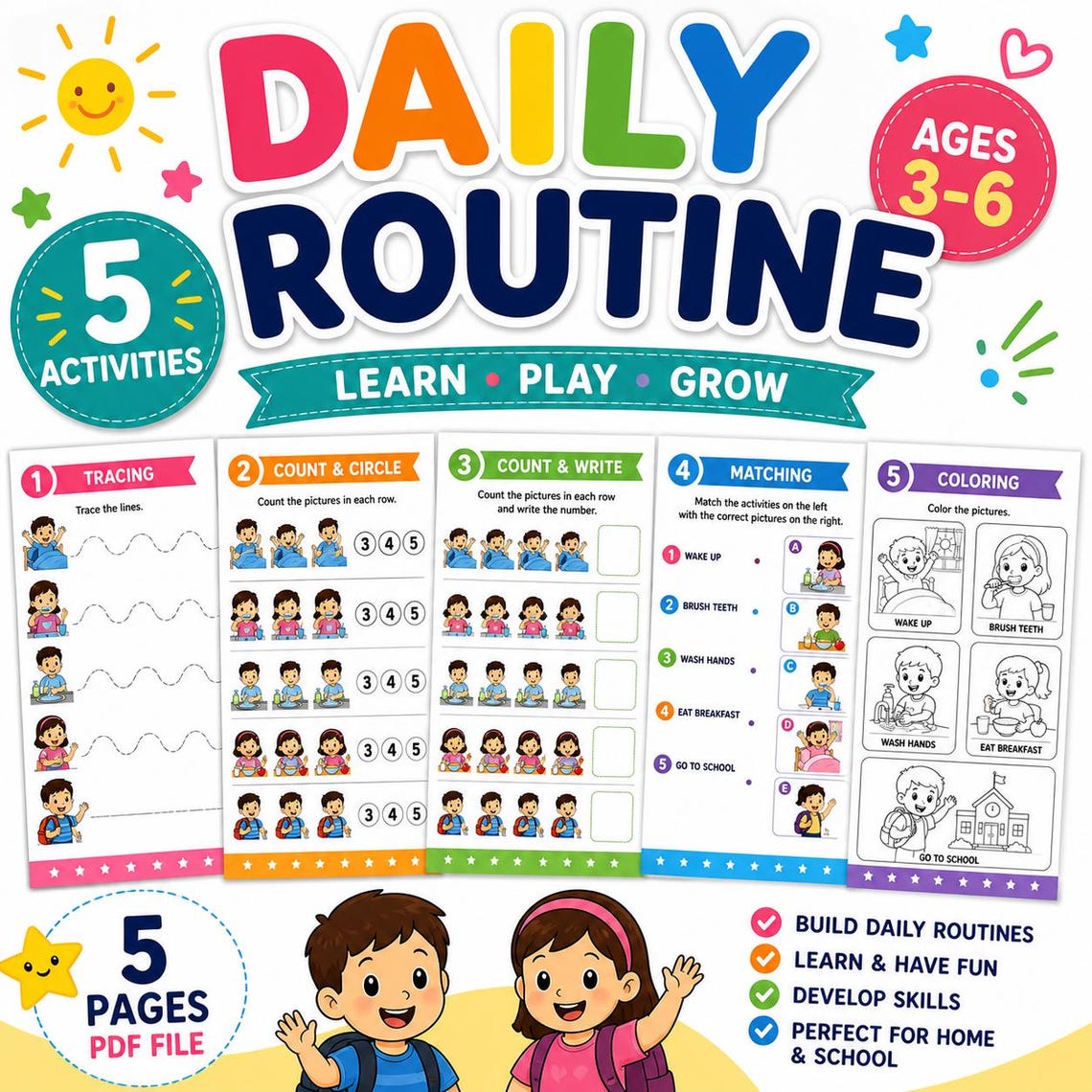 Daily Routine Worksheets for Kids Ages 3-6 | Preschool Printable PDF ...