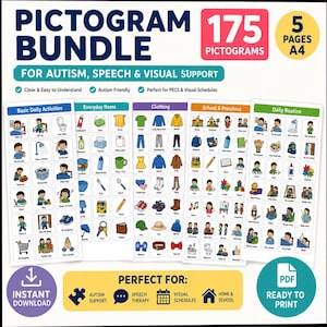 Puede incluir: Un conjunto de 175 pictogramas para autismo, habla y apoyo visual, distribuidos en cinco páginas A4. Las ilustraciones cubren actividades diarias, artículos cotidianos, ropa, escuela y rutinas diarias. Listo para imprimir.