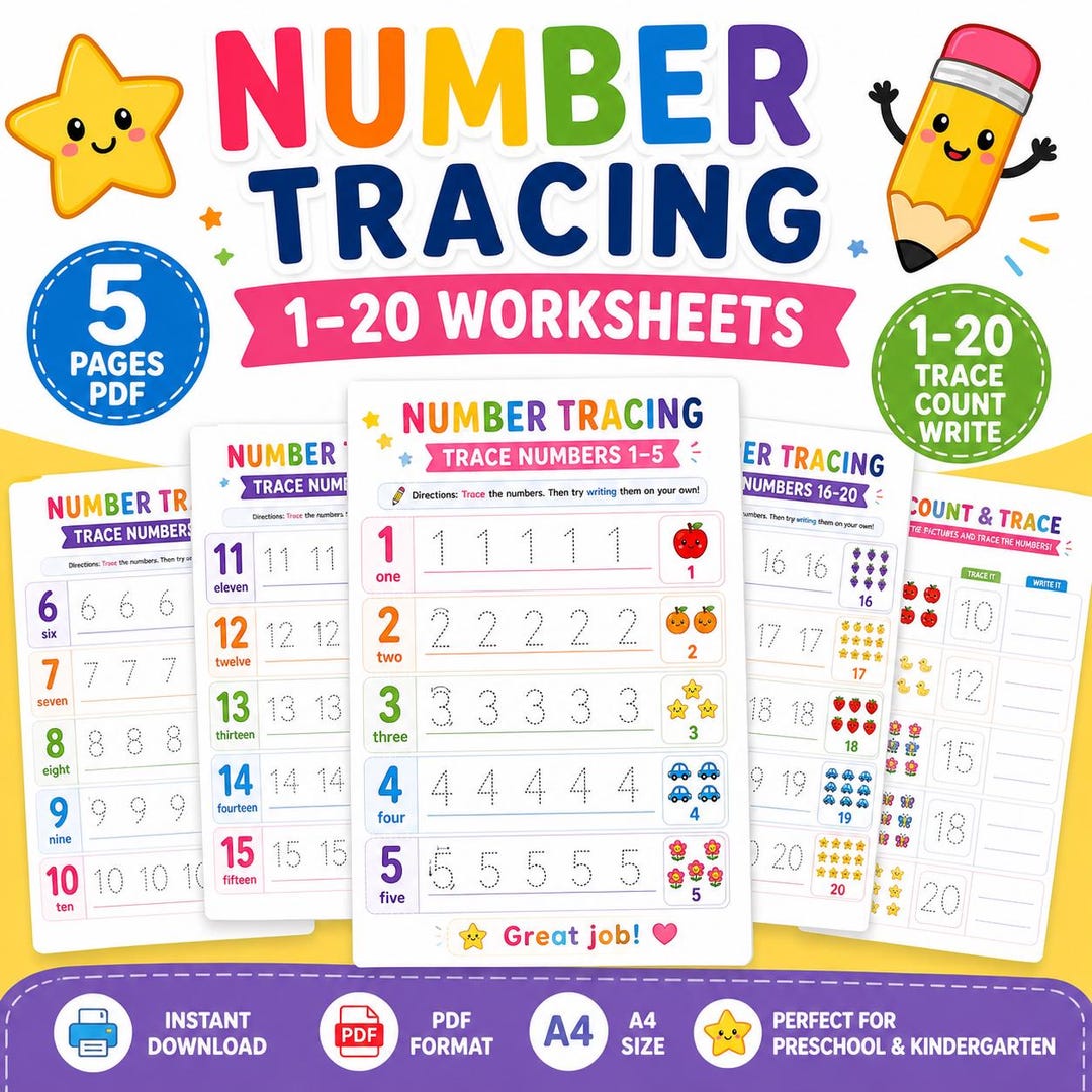Number Tracing Worksheets 1–20 Printable PDF A4 | Count Trace Write ...