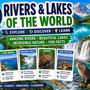 Puede incluir: Tarjetas educativas tituladas "60 Ríos y Lagos del Mundo" con imágenes de ríos, lagos y animales. Las tarjetas presentan textos como "Explorar", "Descubrir" y "Aprender". La imagen incluye una cascada, un castor y un río.