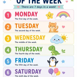 May include: A colorful educational poster titled "DAYS OF THE WEEK" with illustrations. Each day is represented with a number, the day's name, and a short description. Includes a sun, cloud, star, rainbow, cat, dinosaur, penguin, balloons, teddy bear, and kite.