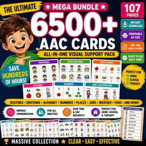 May include: A digital bundle of 6500+ AAC cards featuring a cartoon character and various visual support categories like emotions, daily routines, food, alphabet, numbers, and jobs. The pack includes 107 pages in printable A4 size PDF format.