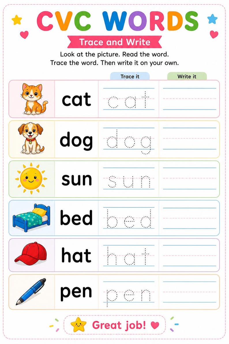 CVC Words Worksheets Printable PDF A4 | 3 Letter Words Phonics ...
